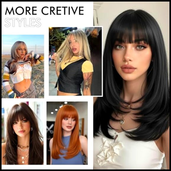 Straight Layered Wig with Bangs Realistic Scalp Heat Resistant Synthetic 20Inch